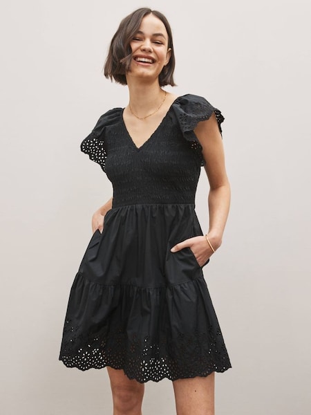 Black Tiered V-Neck Broderie Flutter Sleeve Mini Dress (K42219) | £41