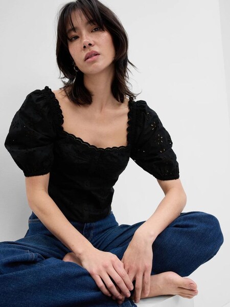Black Broderie Square Neck Puff Sleeve Blouse (K42230) | £13