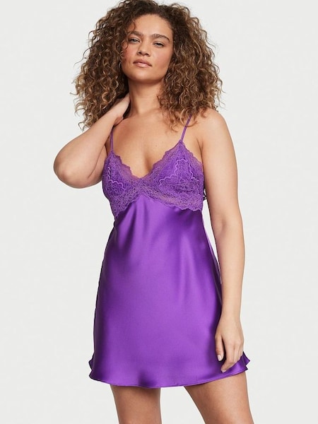 Violetta Purple Satin Lace Plunge Open  Back Slip Dress (K43664) | £24