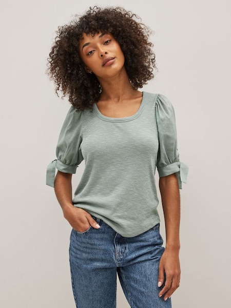 Puff Sleeve Scoop Neck Ribbed T-Shirt (K43875) | £16