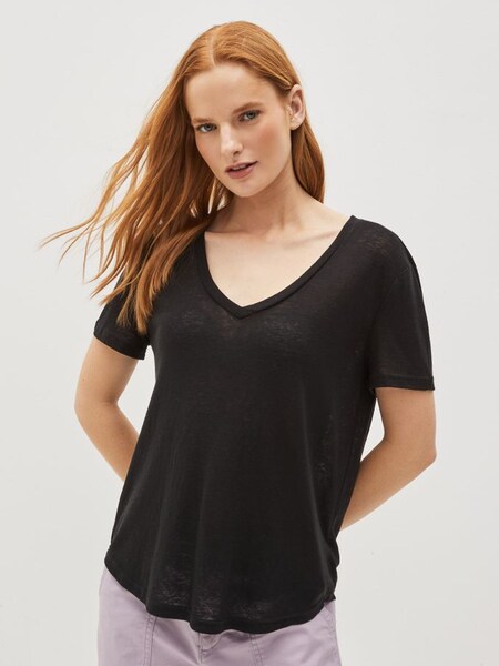 Black Linen Blend Scoop Neck Short Sleeve T-Shirt (K43899) | £8
