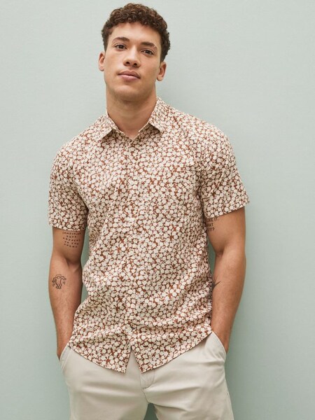 Brown Floral Stretch Poplin Shirt in Slim Fit (K44172) | £22