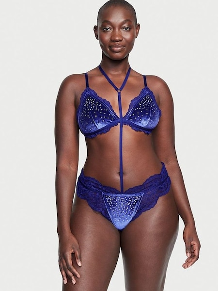 Night Ocean Blue Embellished Velvet Bodysuit (K45749) | £34