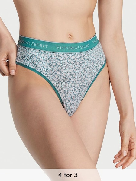 French Sage Green Ditsy Floral Logo High Leg Wide Side Thong Knickers (K52697) | £9