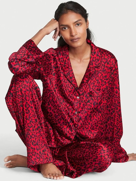 Lipstick Red Leopard Satin Long Pyjamas (K55523) | £69