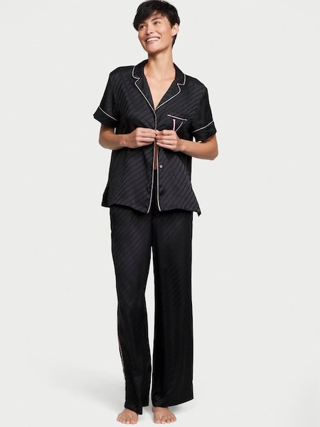 Black Short Sleeve Satin Long Pyjamas (K55527) | £69