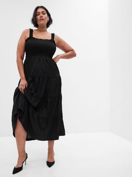 Black Smocked Tiered Midi Dress (K56943) | £26