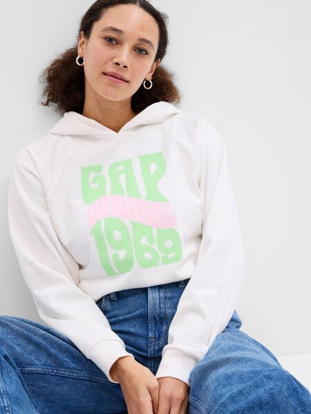 White Vintage Soft Capsule Logo Boyfriend Hoodie (K60494) | £15