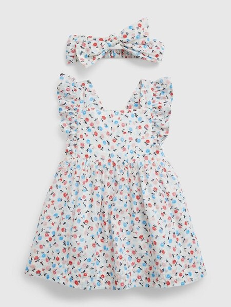 White / Blue Floral Floral Apron Dress Set - Baby (K60636) | £15