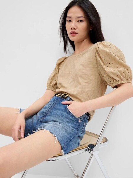 Beige Broderie Puff Sleeve Crew Neck T-Shirt (K61060) | £22