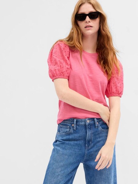 Pink Broderie Puff Sleeve Crew Neck T-Shirt (K61062) | £10