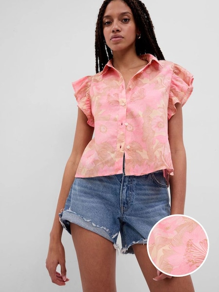 Pink Floral Ruffle Sleeve Cropped Shirt (K61074) | £17