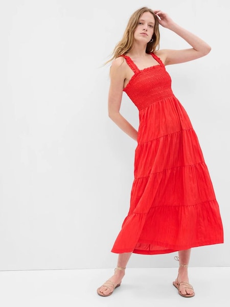 Red Smocked Tiered Midi Dress (K61082) | £32