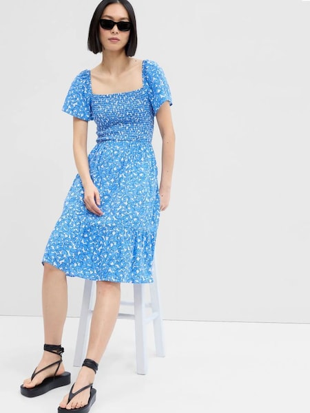 Blue Smocked Squareneck Midi Dress (K61099) | £22