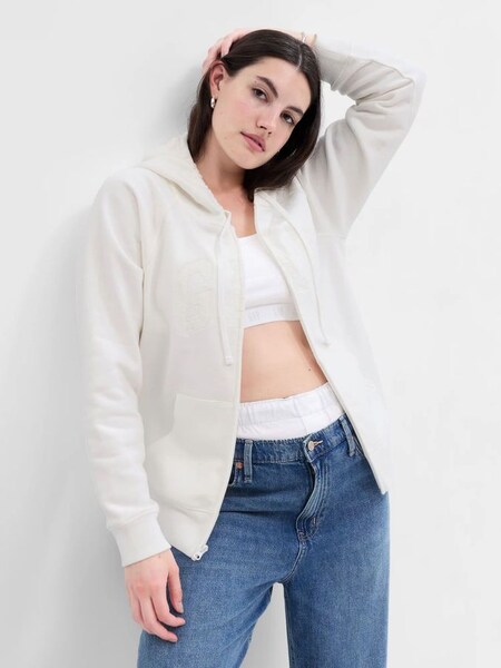 White Floral Print Logo Zip Hoodie (K61118) | £29