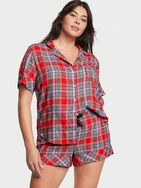 Lipstick Red Tartan Flannel Short Pyjamas (K61360) | £39