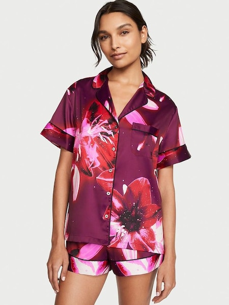 Floral Red Purple Satin Short Pyjamas (K61363) | £65