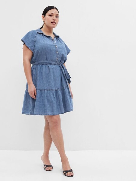 Blue Organic Cotton Denim Flutter Sleeve Mini Shirtdress (K64051) | £22