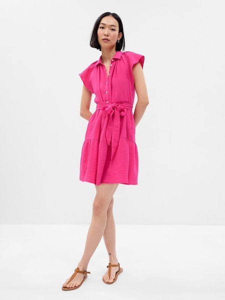 Pink Crinkle Gauze Flutter Sleeve Mini Shirtdress (K64090) | £19