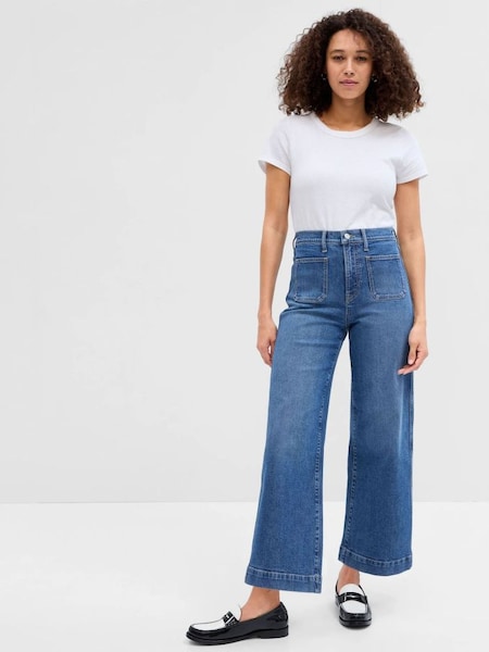 Mid Wash Blue High Waisted Wide Leg Cropped Jeans (K65541) | £50