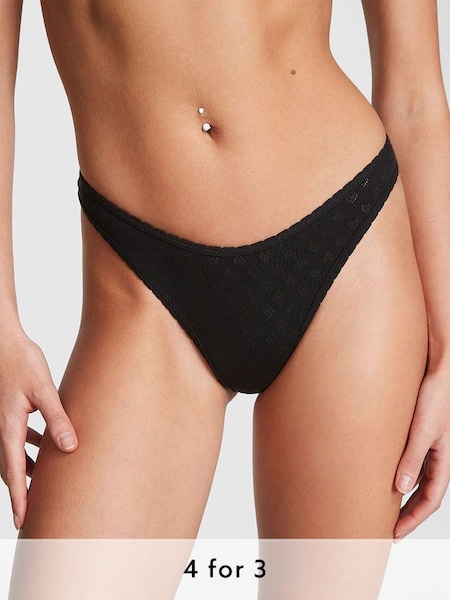 Pure Black Pointelle Cotton Thong Knickers (K66197) | £9