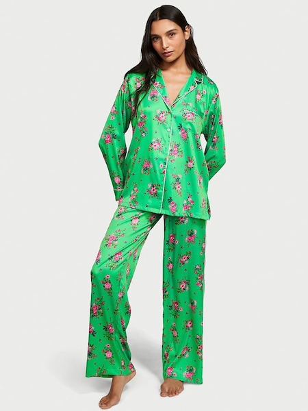 Glimmer Green Floral Satin Long Pyjamas (K67302) | £69
