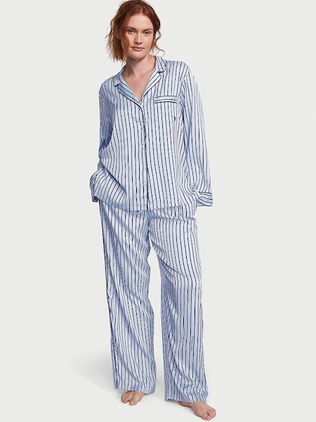 Blue Crescent Logo Stripe Satin Long Pyjamas (K67303) | £69