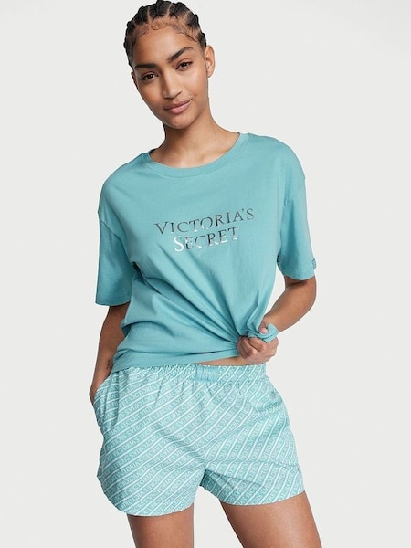 Fountain Blue Logo Stripe Cotton T-Shirt Short Pyjamas (K68721) | £39