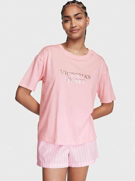 Pretty Blossom Pink Stripe Cotton T-Shirt Short Pyjamas (K68726) | £39