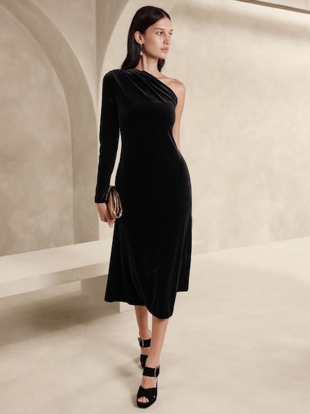 Banana Republic Black Blaire Velvet One-Shoulder Dress (K70703) | £165