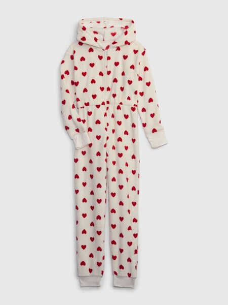 White and Red Fleece Heart Print Hooded Sleepsuit (6-13yrs) (K71064) | £15