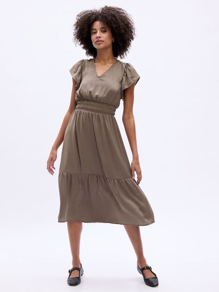 Brown Satin Flutter Sleeve Midi Dress (K71082) | £55