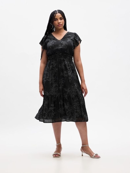 Black Smocked Print Flutter Sleeve Midi Dress (K71085) | £55