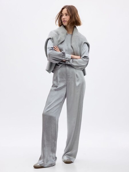 Grey High Waisted Pleated Satin Wide Leg Trousers (K71107) | £55