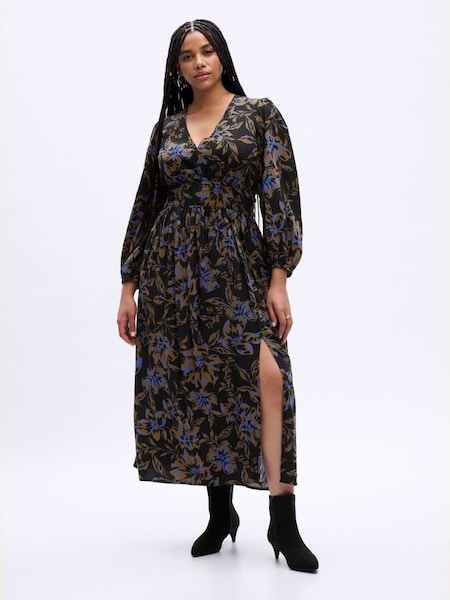 Black Floral Smocked V Neck Maxi Dress (K71123) | £60