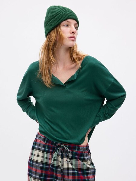 Green Ribbed Henley Long Sleeve Pyjama Top (K71187) | £25