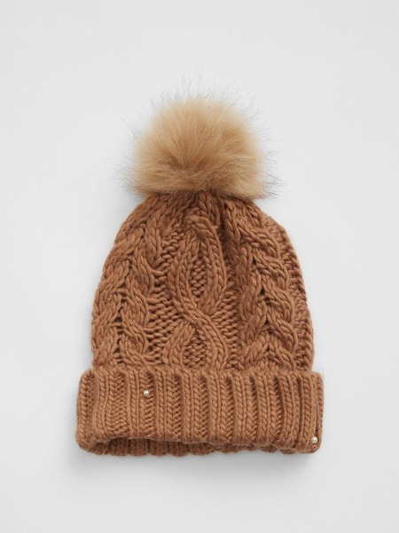 Brown Cable Knit Pom Beanie (K71196) | £12