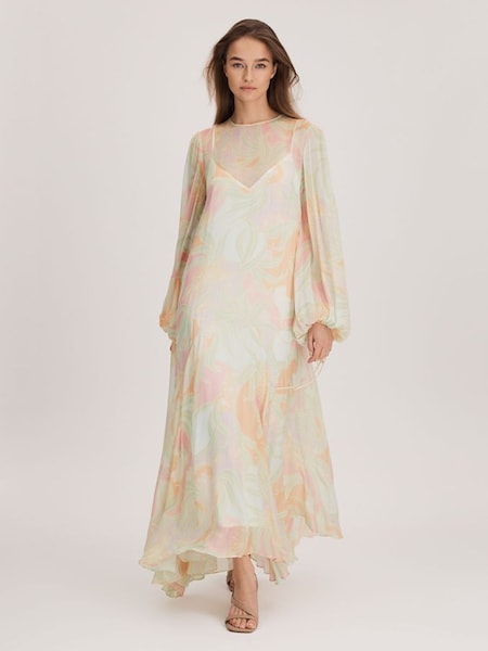 Florere Sheer Asymmetric Midi Dress in Cream (K72525) | £268