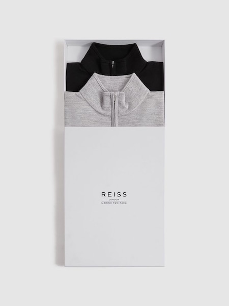 Two Pack Of Merino Wool Zip-Neck Jumpers in Black/Soft Grey (K74405) | £178