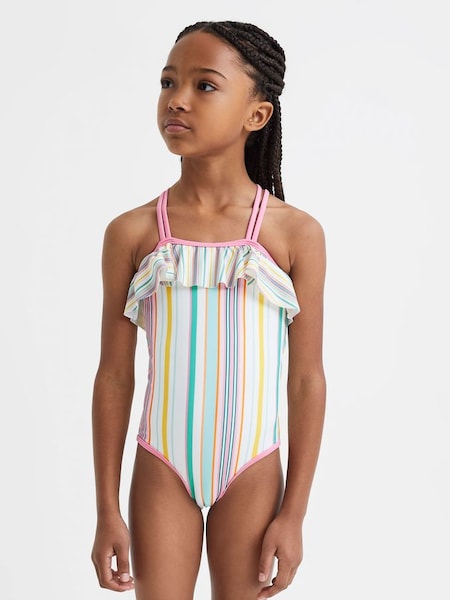 Junior Striped Frilly Cross-Back Swimsuit in Multi (K74863) | £40