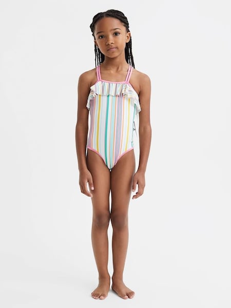 Senior Striped Frilly Cross-Back Swimsuit in Multi (K74865) | £45