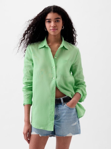 Green Linen Long Sleeve Oversized Shirt (K74974) | £50