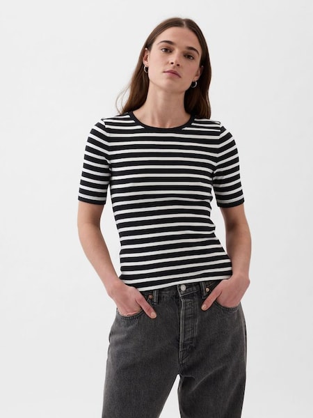 Black/White Stripe Modern Crew Neck Short Sleeve T-Shirt (K75037) | £20