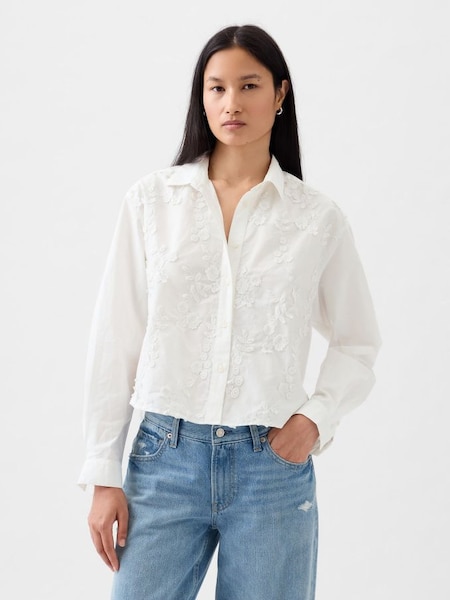 White Floral Embroidered Cropped Shirt (K75045) | £45