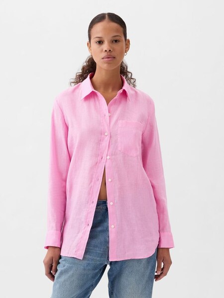 Sugar Pink Linen Long Sleeve Oversized Shirt (K75067) | £50