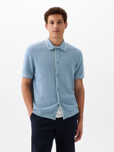 Blue Ribbed Buttoned Short Sleeve Knit Shirt (K75254) | £45