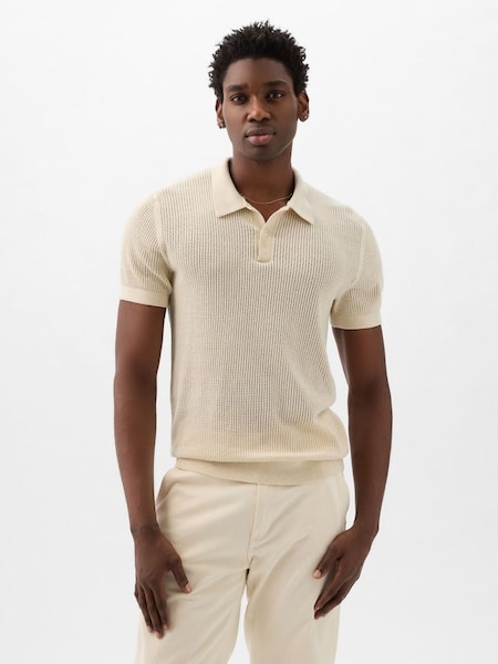 Cream Textured Short Sleeve Polo Shirt (K75267) | £35