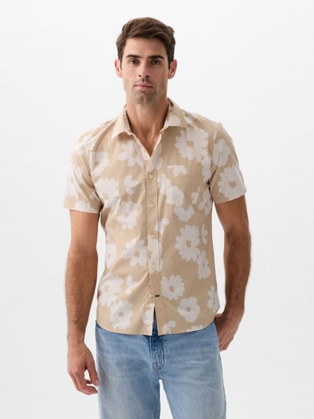 Brown Print Standard Fit Stretch Short Sleeve Poplin Shirt (K75296) | £25