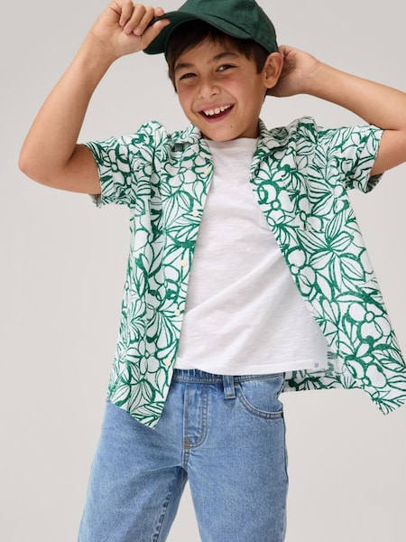 Green Floral Short Sleeve Linen Cotton Shirt (4-13yrs) (K75371) | £18