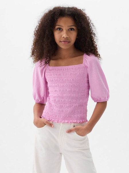 Pink Puff Sleeve Square Neck Smocked Top (4yrs-13yrs) (K75456) | £16